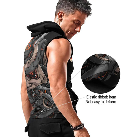Mens Sleeveless Hoodie With Moisture Wicking Tech Quick Dry Mesh Muscle Shirt displaying elastic ribbed hem for comfort.
