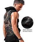Samurai Mechanic Sleeveless Hooded Muscle Cut Off Hoodie For Men Premium Breathable Gym Top showing elastic ribbed hem and muscle fit.