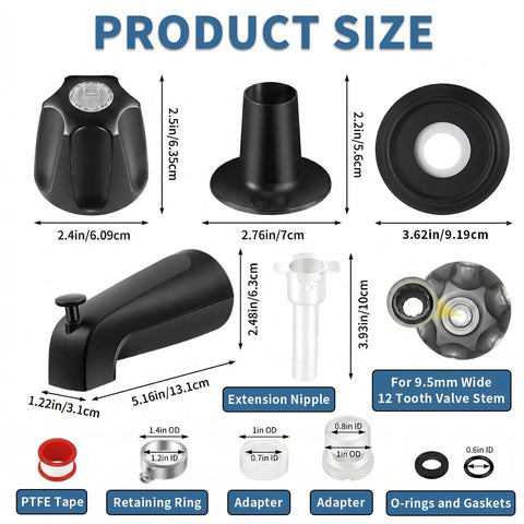 Matte Black Tub And Shower Trim Kit With Diverter Spout, 3-Piece Shower Knob Replacement And Solid Metal Bathtub Faucet Set dimensions