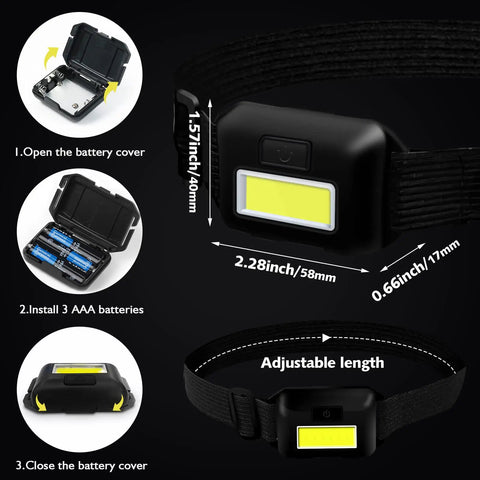 8 Pack LED Headlamp Flashlights for Adults and Kids, detailed view of battery compartment, adjustable strap, and size dimensions
