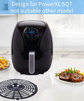 Nonstick Air Fryer Grill Pan Replacement Tray for 5Qt Round 8.7 Inch in kitchen with air fryer, fries, and steak meal