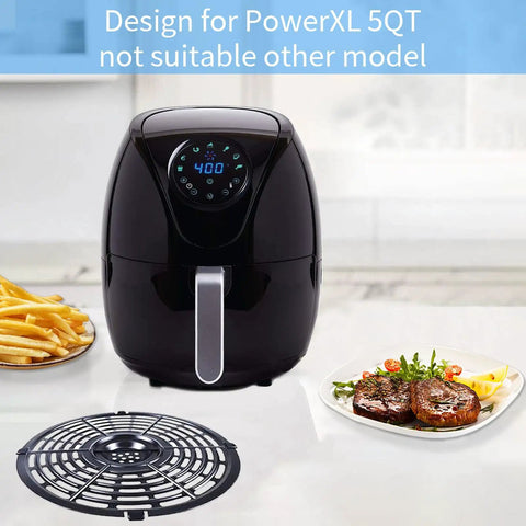 Nonstick Air Fryer Grill Pan Replacement Tray for 5Qt Round 8.7 Inch in kitchen with air fryer, fries, and steak meal