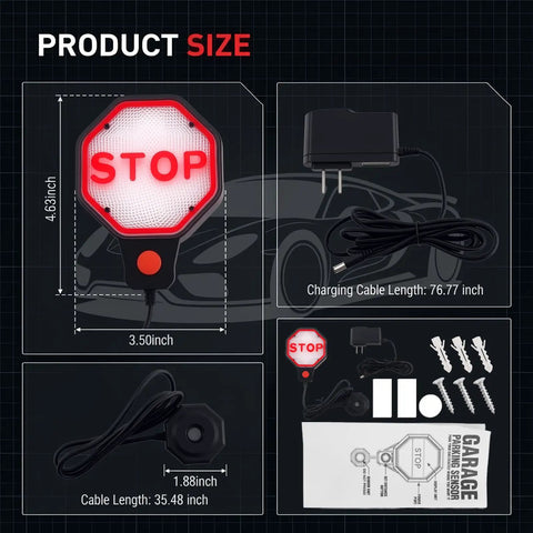Upgraded LED Garage Parking Sensor Featuring Adjustable Red Yellow Green Warning Lights And Dual Power Car Stop Indicator For Crash Free Driveway Entries And Easy Breezy Precision Alignment product size chart with measurements and accessories.