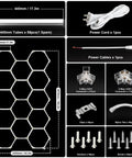 Hexagon LED Garage Lights Kit With 456W Output And 6500K Daylight, hex panel layout, tubes, connectors, and installation parts shown
