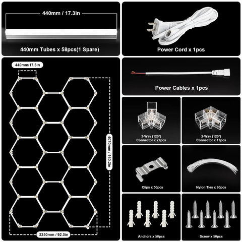 Hexagon LED Garage Lights Kit With 456W Output And 6500K Daylight, hex panel layout, tubes, connectors, and installation parts shown