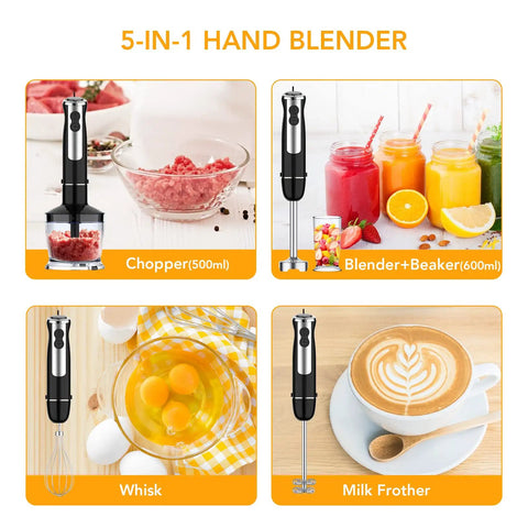 No Sweat 5 In 1 Handheld Blender Featuring 800W Copper Motor And 12 Speed Turbo Mode Includes BPA Free Measuring Beaker Food Chopper Stainless Steel Whisk For Smoothies showing chopper, blender, whisk, and milk frother.