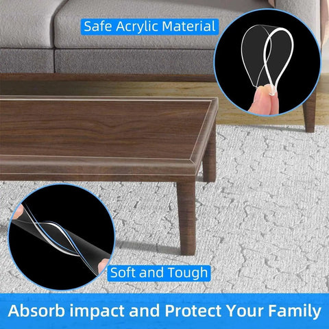 Clear Furniture Edge Protector Strips Ultra Soft Premium Polymer Corner Bumpers on table, safe acrylic material and cushioning style.