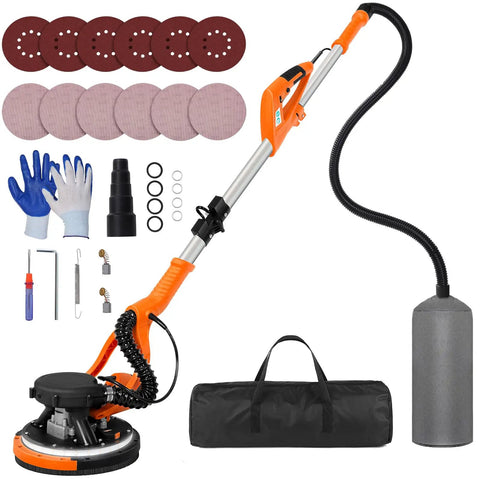 All In One Drywall Sander With Extendable Handle And LED Light, 8.5 Amp Popcorn Ceiling Removal Tool, accessories shown