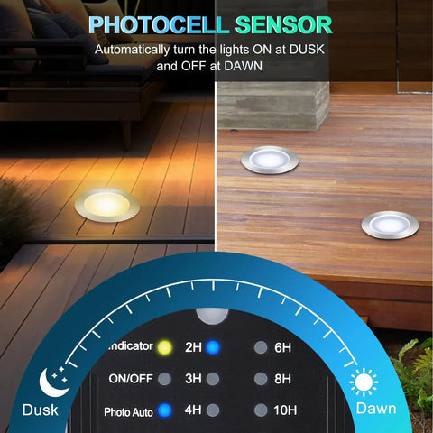 Smart Dimmable LED Deck Lights With Timer And Photocell Sensor, IP67 Waterproof 32mm Round Outdoor Pathway Kit, dusk to dawn.