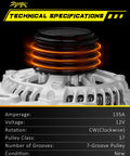 Close-up of Beefed-Up 135A Alternator For Honda CR-V Ex LX Ex-L Touring 2015-2019 And Acura ILX TLX 2015-2022 2.4L L4 With Clockwise 7-Groove Pulley OE 31100-5X6-J01 showing technical specifications.