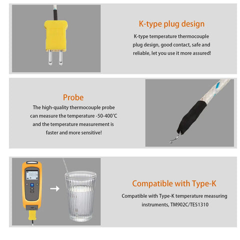 Ten Piece Three Meter K Type Thermocouple Probes With Mini Connectors shown with design features and compatibility details
