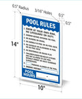 Pool Rules Sign 14 By 10 Inch Write On Aluminum With Four Corner Mount Holes Swim At Your Own Risk Shower Before Entering Emergency Assistance Pool Hours 40 Mil Laminated Heavy Duty Weatherproof Outdoor USA Made display.
