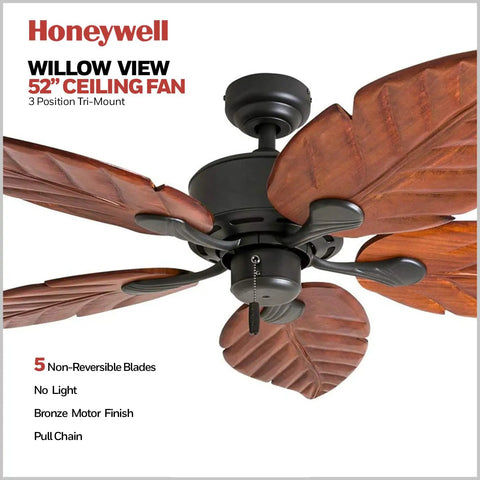 52 Inch Tropical Indoor Ceiling Fan With No Light And Pull Chain Three Mounting Options Hand Carved Wooden Leaf Blades In Bronze Finish Great For Medium To Large Rooms Up To 400 Sq Ft Big Room Breeze