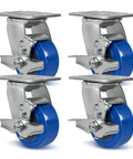 Hella Durable Heavy Duty 4 Inch Polyurethane Caster Wheel Set Of 4 With Secure Swiveling Brakes, blue wheels, silver metal frame for rolling carts.