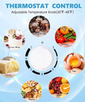 Rock Solid 1.6 Cu Ft Mini Fridge With Freezer adjustable thermostat control dial with food items around it.