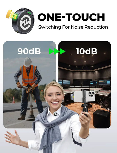 Lark M2 Wireless Lavalier Microphone For iPhone, Android, Camera And PC showcasing noise reduction feature with 90dB to 10dB switch.