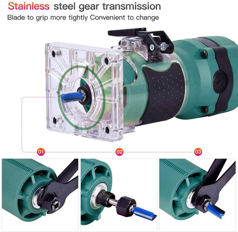 Compact Palm Router Tool For Woodworking, showing stainless steel gear transmission and detail of blade attachment.