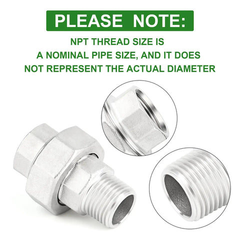 Close-up of Five Pack 304 Stainless Steel Union Fittings One Quarter Inch NPT Male To One Quarter Inch NPT Female Cast Pipe Connectors