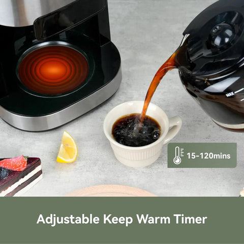 Electric Coffee Grinder With 35 Grind Settings For Espresso, Drip, And French Press next to pouring cup and adjustable timer