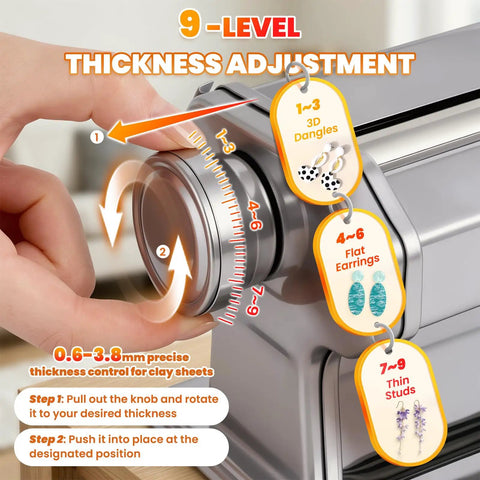 Pro Electric Polymer Clay Press Machine With 9 Thickness Settings shows thickness adjustment dial for crafting earrings and jewelry.
