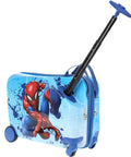 Spider-Man kids ride-on luggage featuring a blue hardshell and spinner wheels, ideal for travel and school use.