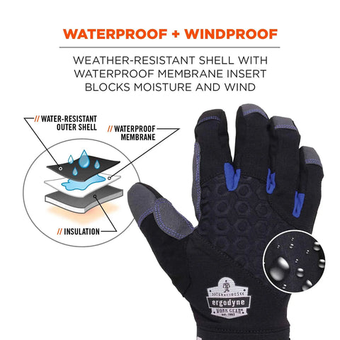Reinforced Thermal Waterproof Winter Work Gloves Unisex Black Large Pack Of 1 With 3M Thinsulate Insulation diagram and glove detail