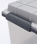 Close-up of Set Of 2 Medium 29 Qt Latch Pro Heavy Duty Plastic Storage Boxes With Water Resistant Seal and Tight Latching Lid