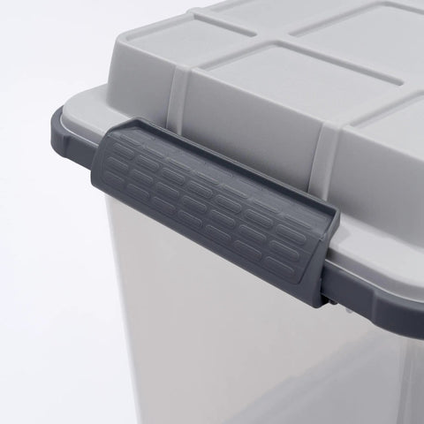 Close-up of Set Of 2 Medium 29 Qt Latch Pro Heavy Duty Plastic Storage Boxes With Water Resistant Seal and Tight Latching Lid