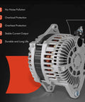 130 Amp 12V Alternator For Nissan Altima 2011 2018 V6 3.5L Maxima 2011 2014 2016 2018 Murano 2017 2018 Power Up Your Ride With 7 Groove Pulley Clockwise Rotation Drop In Replacement To Meet 11557N 2104007 23100JA11B 2310MJA11BRW Specs image showing front view of alternator with features