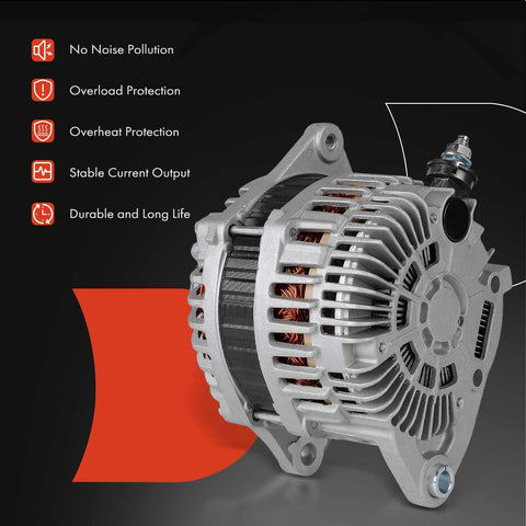 130 Amp 12V Alternator For Nissan Altima 2011 2018 V6 3.5L Maxima 2011 2014 2016 2018 Murano 2017 2018 Power Up Your Ride With 7 Groove Pulley Clockwise Rotation Drop In Replacement To Meet 11557N 2104007 23100JA11B 2310MJA11BRW Specs image showing front view of alternator with features