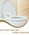 Toilet Seat Bumper Kit With Rubber Adhesive Pads For Cushioning And Protection installed on white toilet in bathroom.