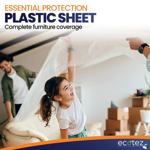 Child holding up lightweight 6 Pack 12x9 Ft Extra Large Plastic Drop Cloth For Painting, Light Yet Durable Tarp Cover For Furniture.