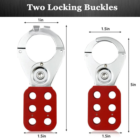 Two steel locking buckles from Lockout Tagout Kit For Electrical Safety With Group Lockout Hasps And Padlocks, dimensions shown.