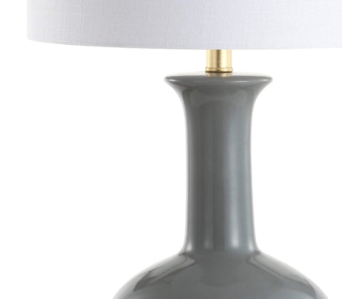 Close-up of gray ceramic base with brass neck of 27 Inch Gray And Brass Ceramic Table Lamp For Living Room And Bedroom With White Linen Drum Shade Modern Transitional Nightstand Lamp LED Bulb Included Energy Efficient And ETL Listed.