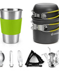 Backpacking Camping Cookware Kit With Mini Stove Aluminum Pots Stainless Steel Cup Nine Piece Utensil Set