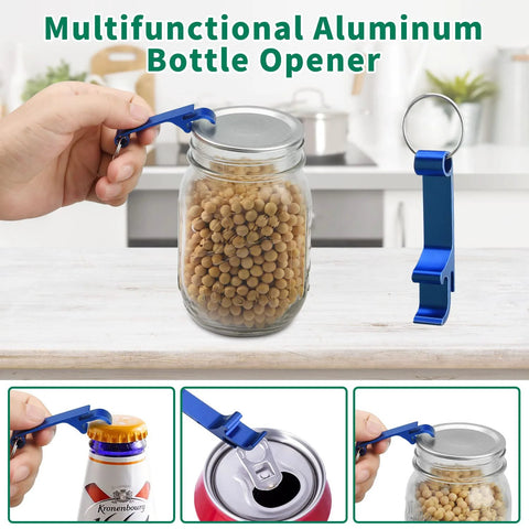 Blue metal mason jar sealer attachment with accessory hose beside a glass mason jar filled with beans (front view)