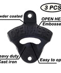 Heavy Duty Cast Iron Wall Mounted Wooden Board Beer Bottle Cap Opener With Powder Coated Black Finish Pack Of Three close-up view.