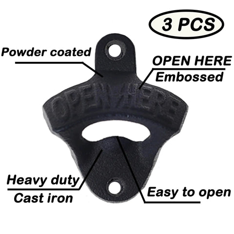 Heavy Duty Cast Iron Wall Mounted Wooden Board Beer Bottle Cap Opener With Powder Coated Black Finish Pack Of Three close-up view.