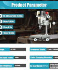 Versatile Benchtop Drill Press With 3 Speed Settings 110V shown with parameters and specifications, cast iron base, full copper motor