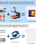 Image comparing sublimation and regular ink use, showing Sublimation Paper 8.5 By 11 Inches 150 Sheets 120Gsm Inkjet Printer Compatible Fast Drying High Transfer Rate Vivid Colors For T Shirts Mugs And Craft Projects with inkjet printer and heat press vs regular ink with iron.