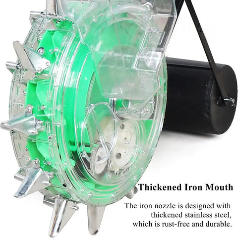 Close-up of Hand Push Seeder Manual Seeding Machine with spiked wheel and thickened iron nozzle for corn and soybeans.