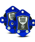 Close-up of blue Road Armor Trailair shock-absorbing trailer equalizers, tandem-axle kit, two-pack