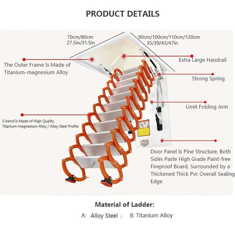 Product details of Heavy Duty Electric Attic Ladder With Smooth Remote Control Pull Down Loft Stairs showing materials and sizes.