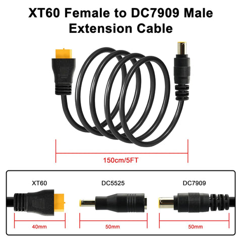 XT60 To DC 8mm Charging Cable 5 Ft 14AWG With XT60 Female To DC7909 Male And DC5525 Adapter Dual DC Outputs on white background