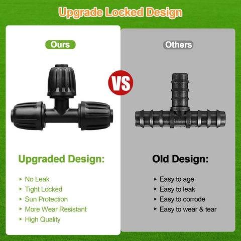 10 Pack Half Inch Drip Irrigation Barbed Tee Connectors With Locked Nut Anti Drop, Fits Standard 0.62 To 0.65 Inch Drip Tubing