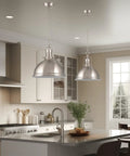 14 Inch Modern Industrial Pendant Light With Dome Shade in Brushed Nickel Finish over kitchen island, sleek metal bowl design.