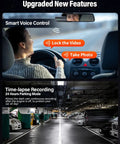4K Front And Rear Dash Cam With Fast 5GHz WiFi Hands Free Voice Control in use, showing parking mode and voice commands
