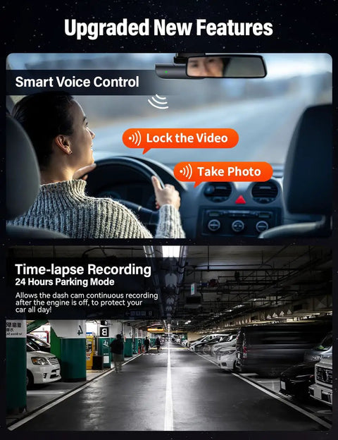 4K Front And Rear Dash Cam With Fast 5GHz WiFi Hands Free Voice Control in use, showing parking mode and voice commands