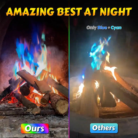 Comparison of vibrant and regular flames using Color Changing Fire Packets for Campfires and Fire Pits 12 Pack Lit Rainbow Flames.