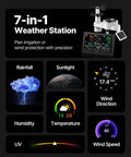 Totally All In One Wi Fi Weather Station With App And Seven Point Five Inch VA Display Solar Powered Outdoor Sensor Rain Gauge showing 7-in-1 forecasts